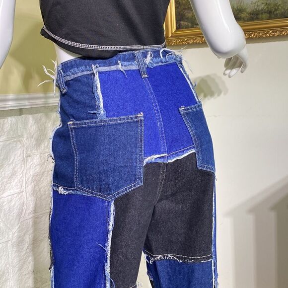 Shein Patchwork Distressed Black & Blue Denim High Waist Button Fly Flare Jeans - Picture 8 of 16
